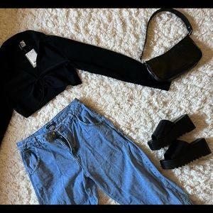 Black long sleeve collared super cropped top